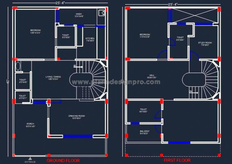 Duplex House Free CAD Design- 1 BHK Layout on 25'x40' Plot